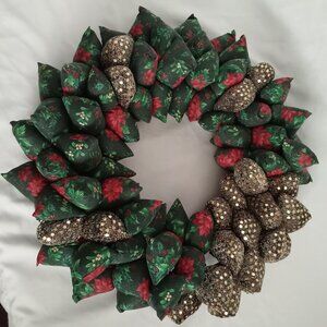 Vintage Rare Silver Red and Green Fabric Christmas Wreath Decor 15"